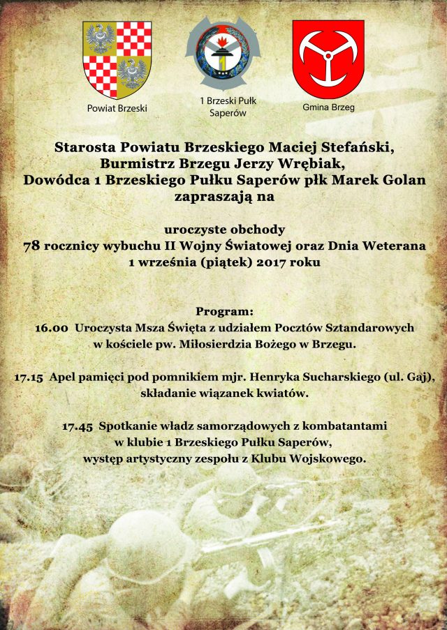 Plakat informujący o uroczystościach z okazji rocznicy wybuchu II wojny światowej i Dnia Weterana (treść w tekście artykułu)