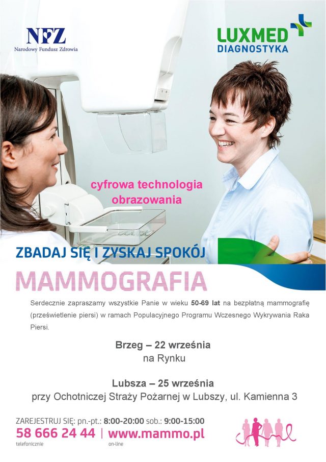 Plakat "Zbadaj się i zyskaj spokój - mammografia", treść w tekście artykułu
