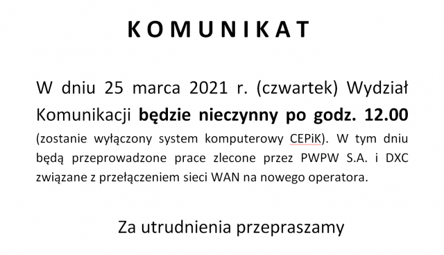 Komunikat Wydziału Komunikacji