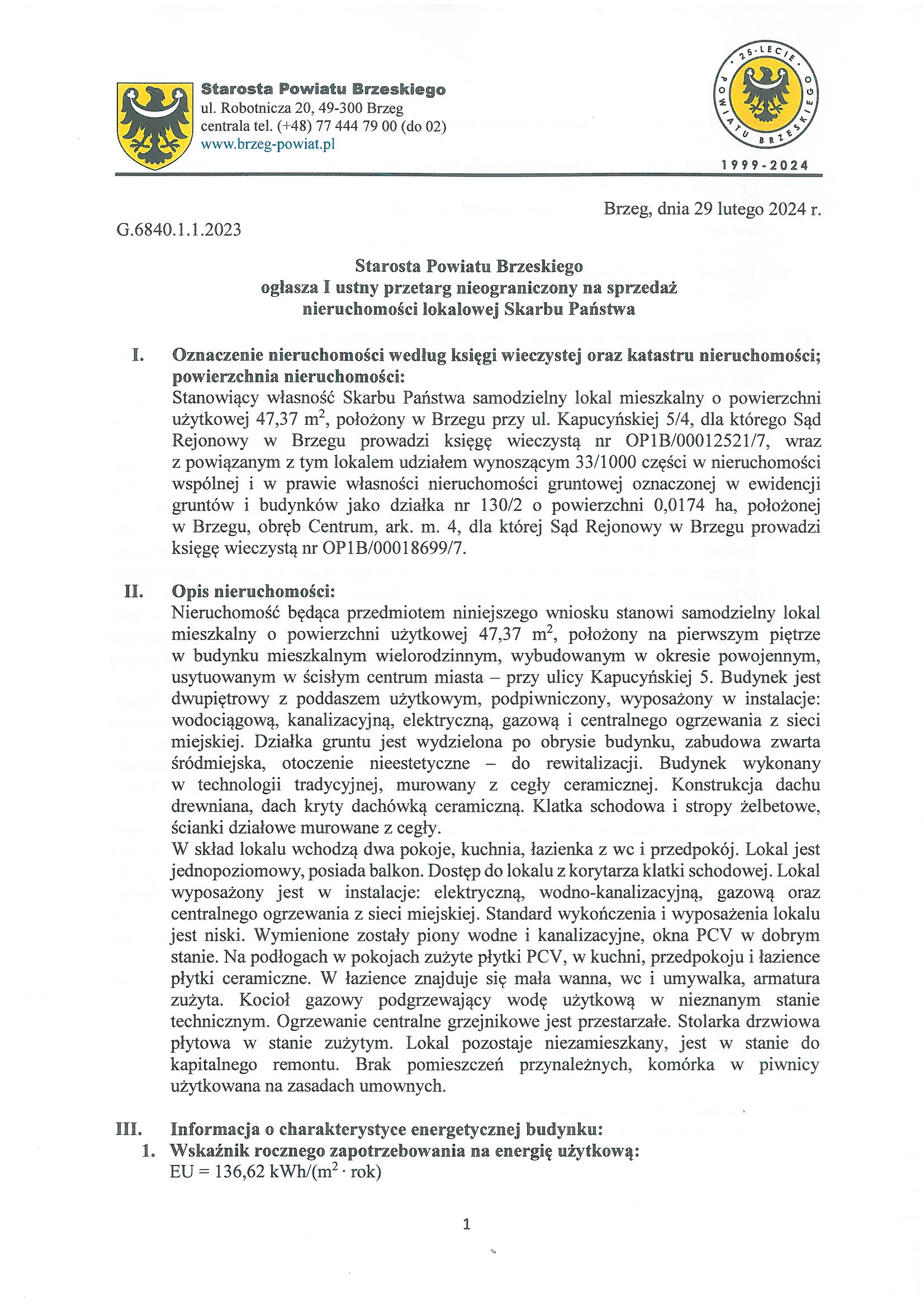 I ustny przetarg nieograniczony na sprzedaż nieruchomości – Brzeg, ul. Kapucyńska 5/4
