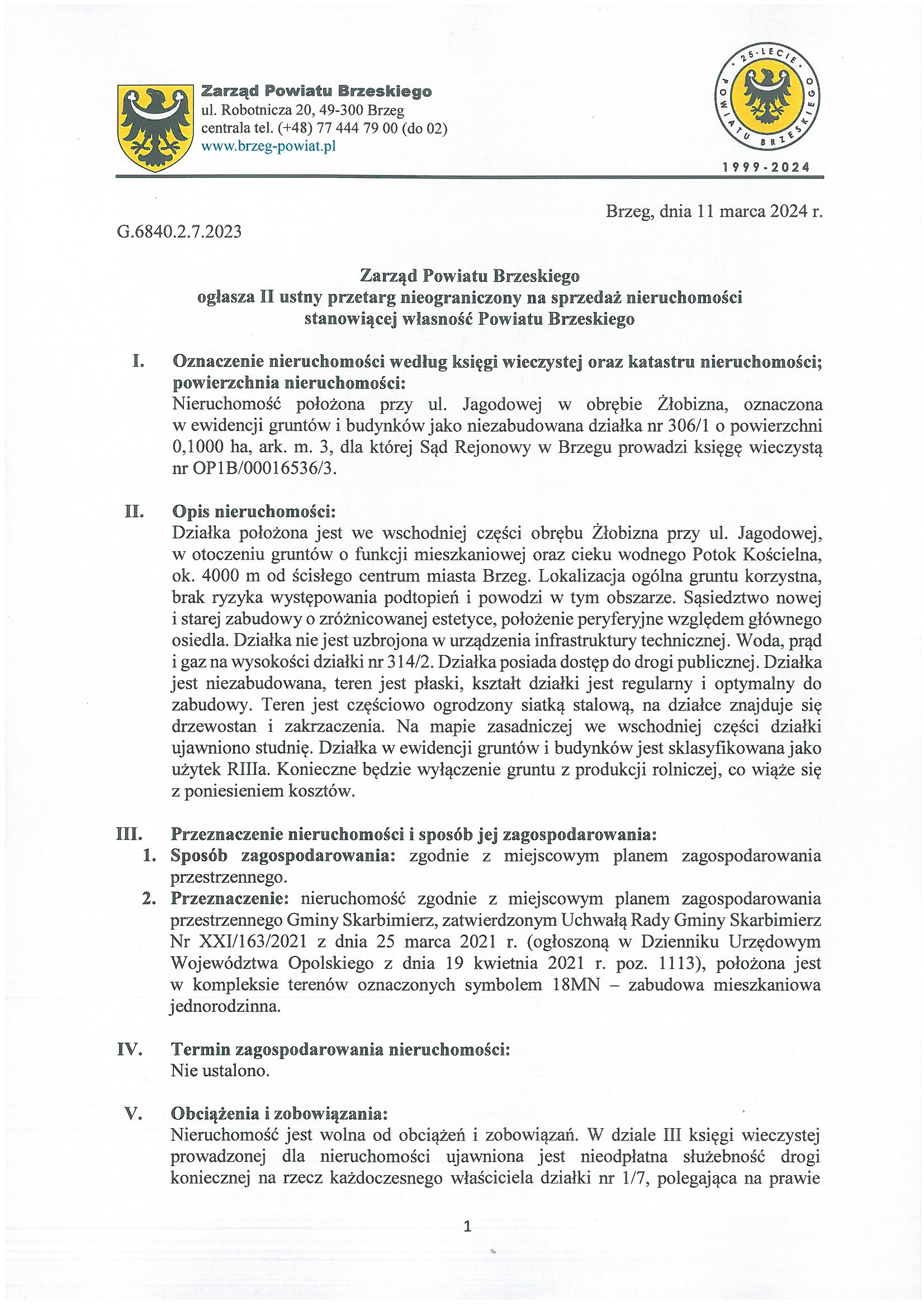 Ogłoszenie o II ustnym przetargu nieograniczonym na sprzedaż nieruchomości – działka nr 306/1, Żłobizna, ul. Jagodowa