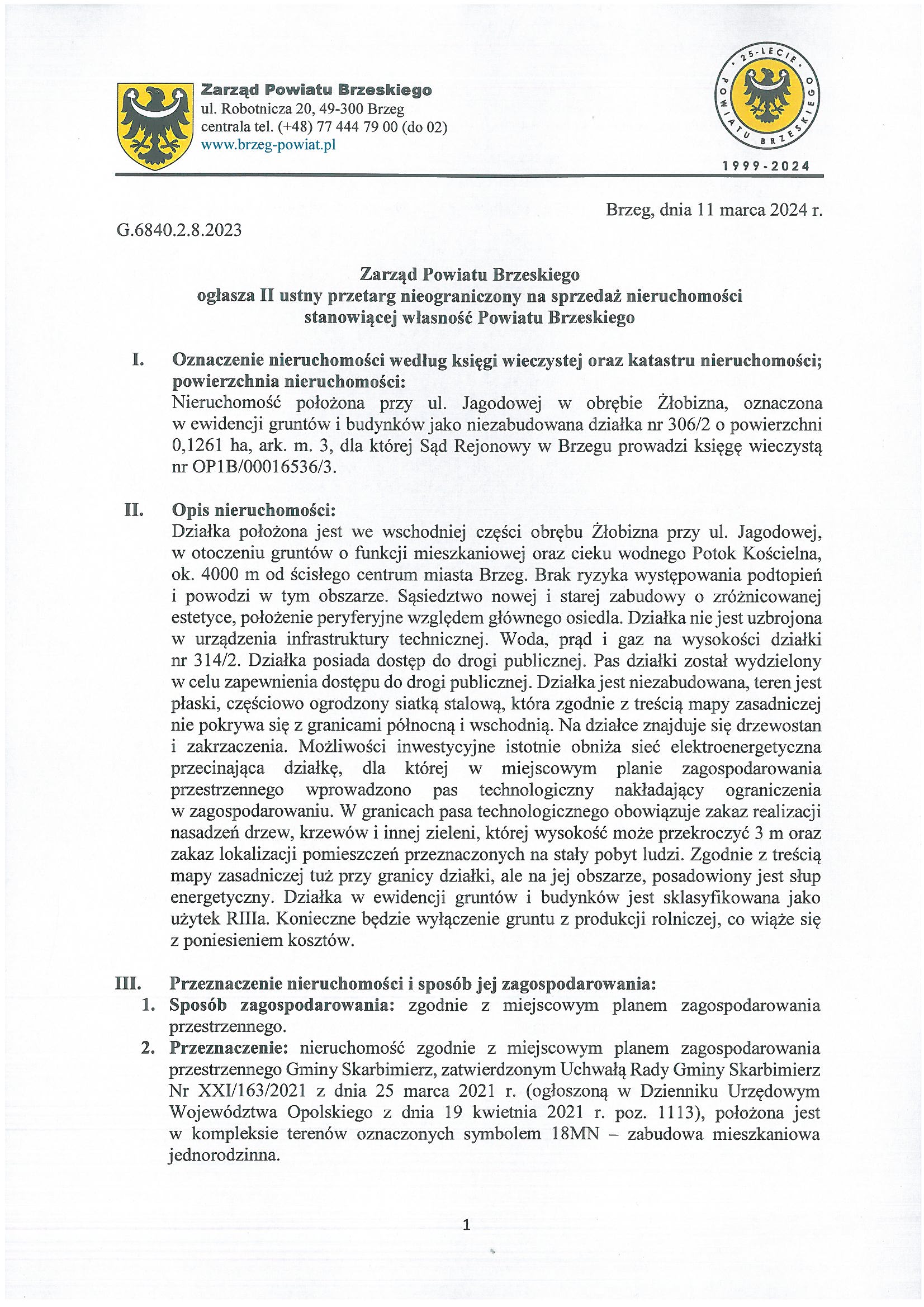 Ogłoszenie o II ustnym przetargu nieograniczonym na sprzedaż nieruchomości – działka nr 306/2, Żłobizna, ul. Jagodowa
