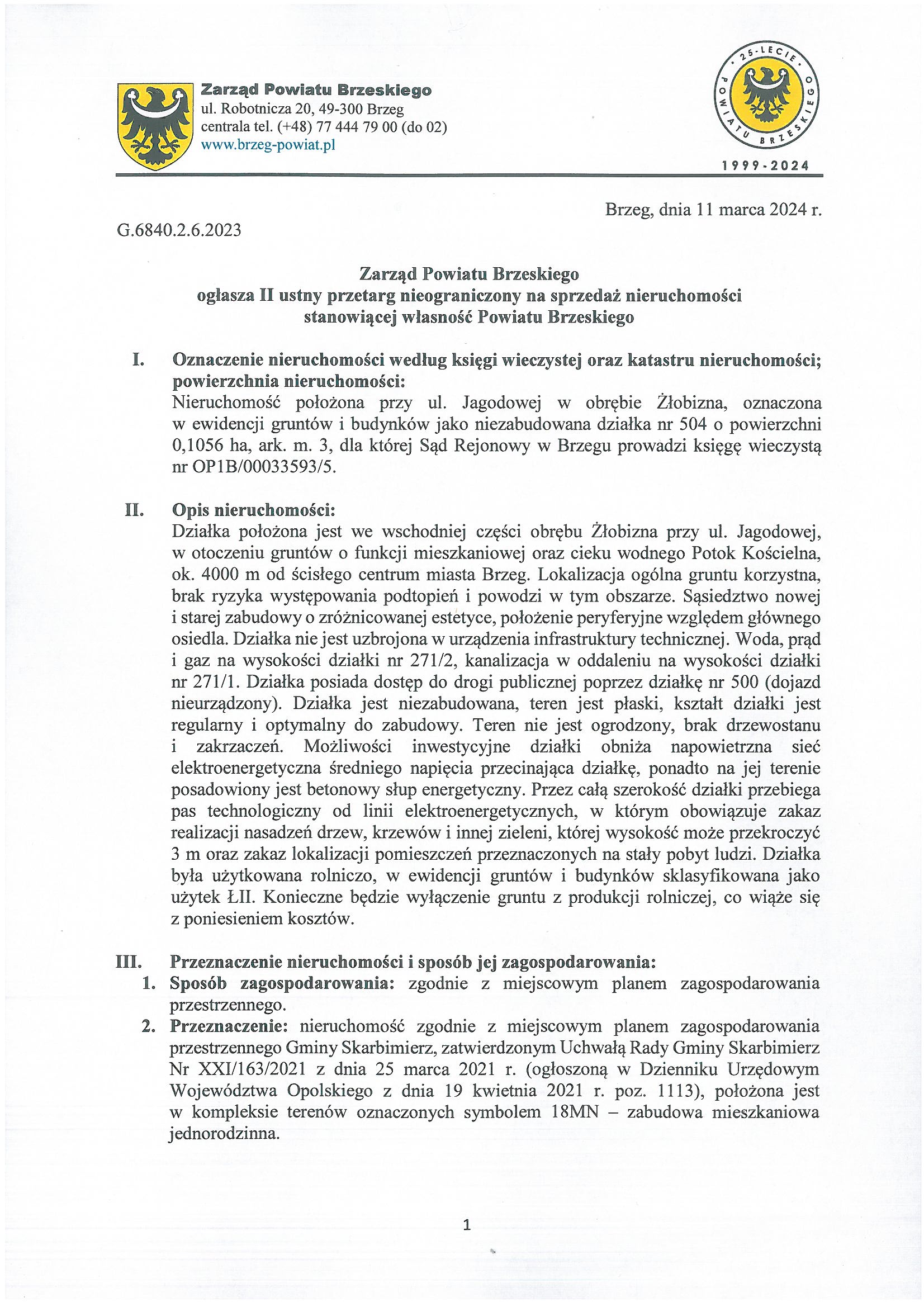 Ogłoszenie o II ustnym przetargu nieograniczonym na sprzedaż nieruchomości – działka nr 504, Żłobizna, ul. Jagodowa