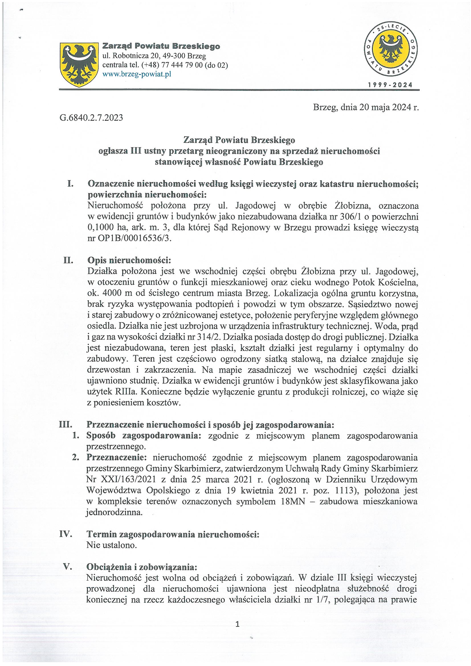 Ogłoszenie o III ustnym przetargu nieograniczonym na sprzedaż działki nr 306/1 Żłobizna