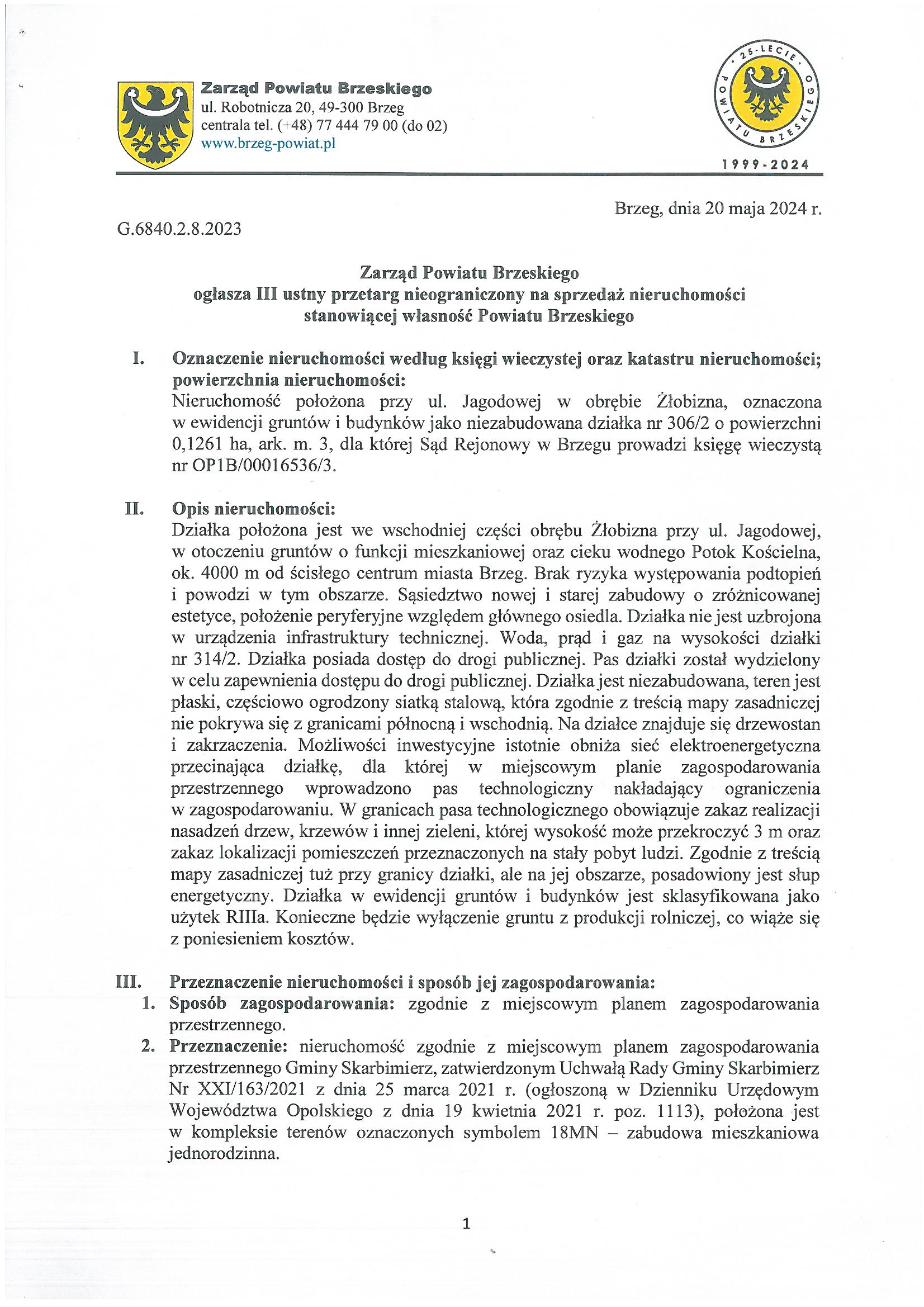 Ogłoszenie o III ustnym przetargu nieograniczonym na sprzedaż działki nr 306/2 Żłobizna