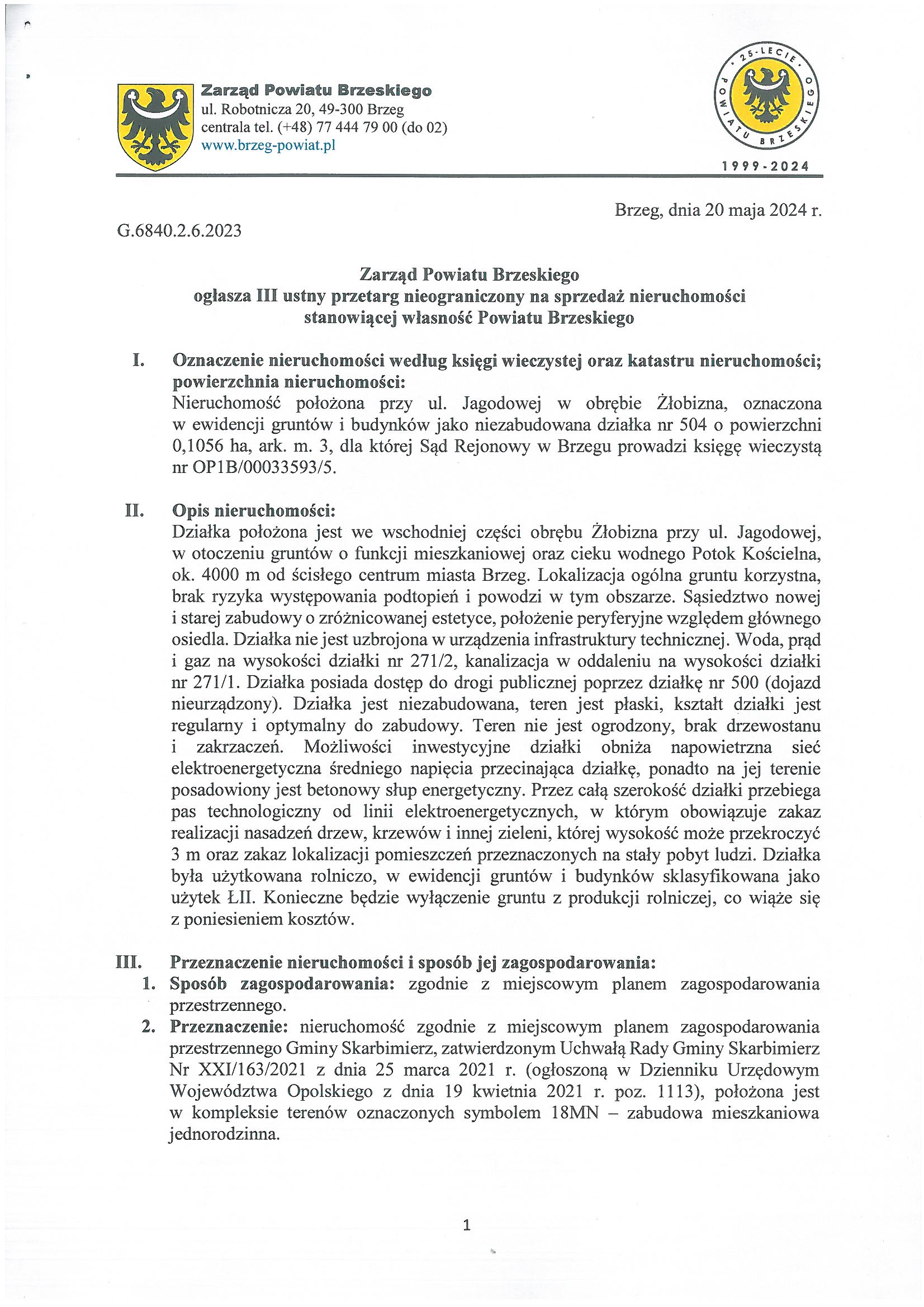 Ogłoszenie o III ustnym przetargu nieograniczonym na sprzedaż działki nr 504 Żłobizna