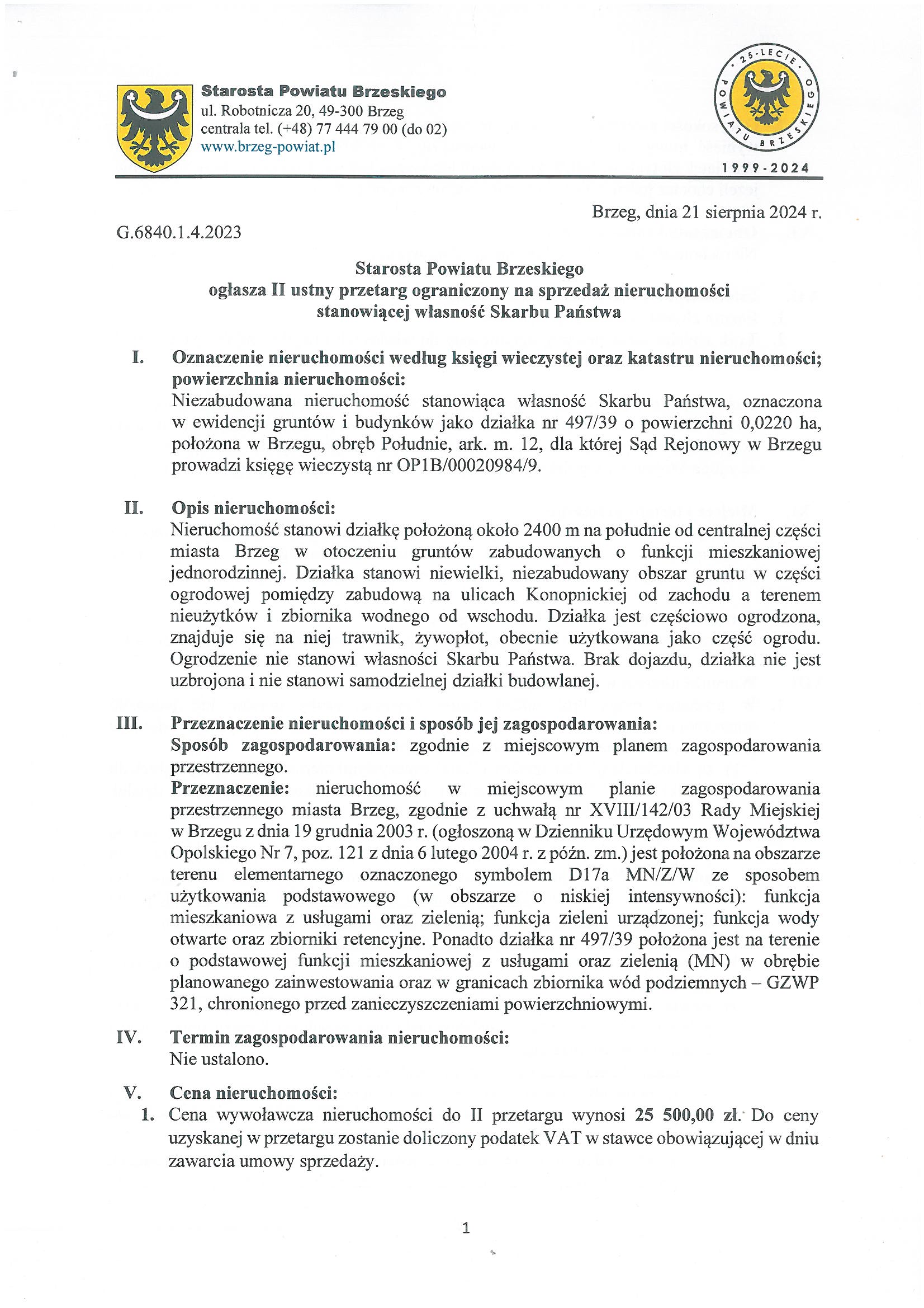 Ogłoszenie o II ustnym przetargu ograniczonym na sprzedaż nieruchomości Skarbu Państwa- dz. nr 497/39 Brzeg, obręb Południe