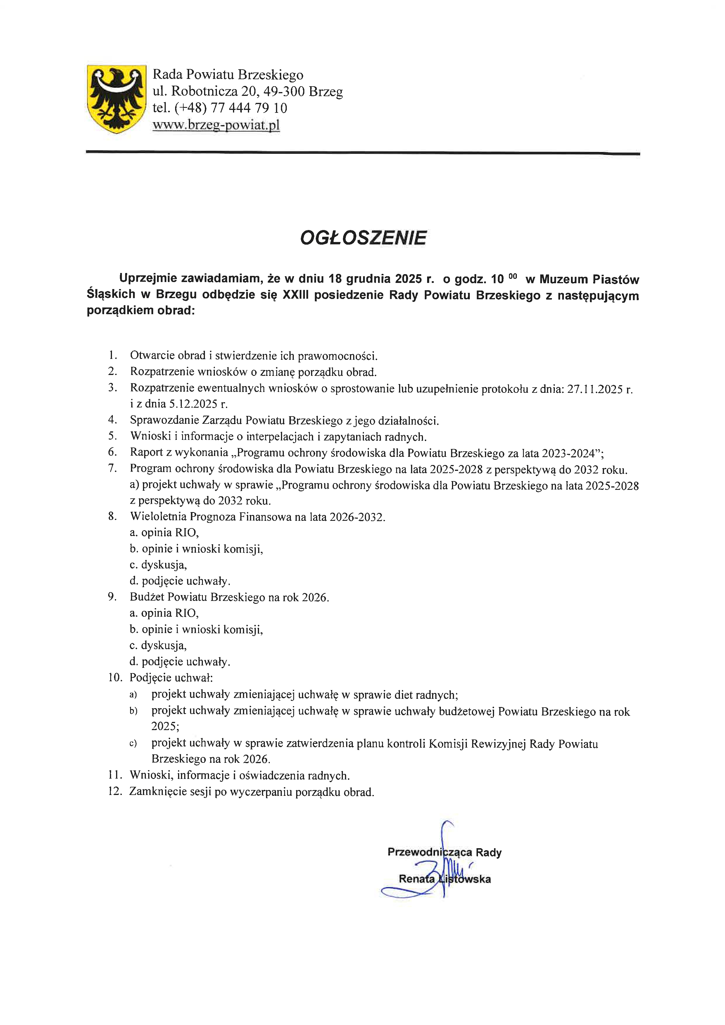 Zbliża się XXIII Sesja Rady Powiatu Brzeskiego