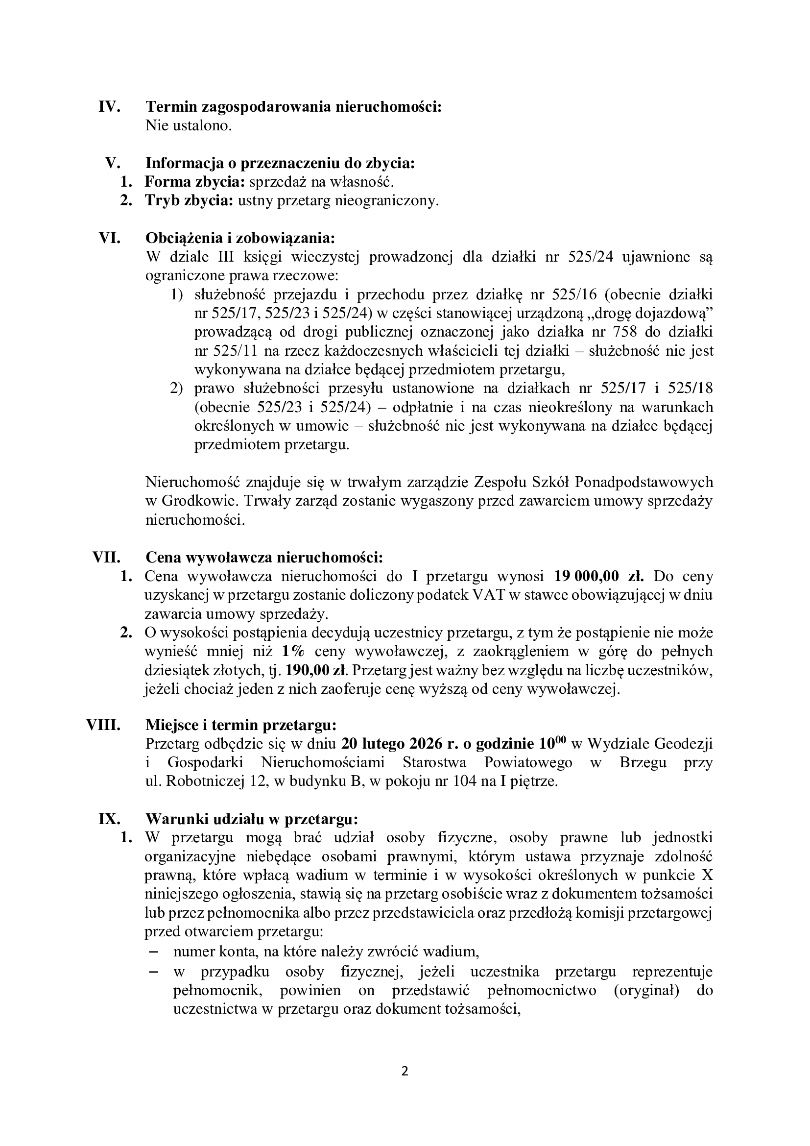 Ogłoszenie o I ustnym przetargu nieograniczonym na sprzedaż nieruchomości Powiatu Brzeskiego – działka nr 525/24 położona w Grodkowie