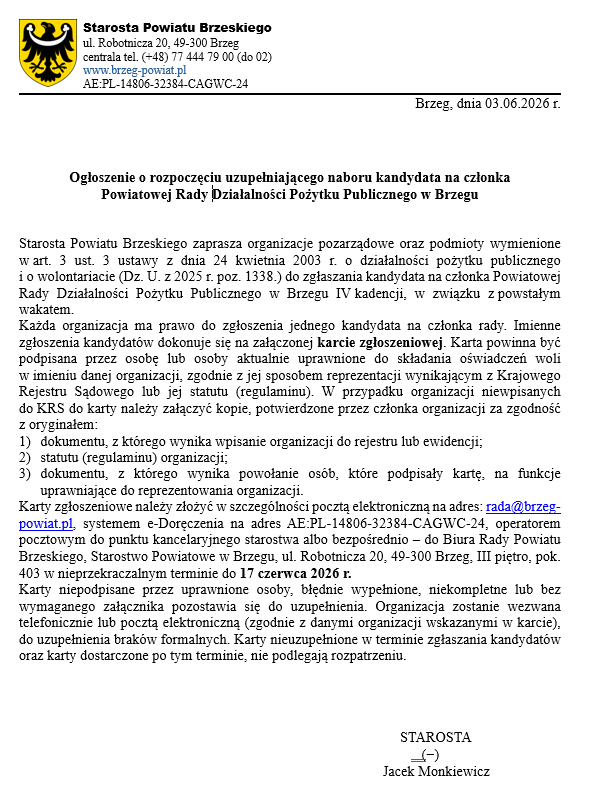 Ogłoszenie o rozpoczęciu uzupełniającego naboru kandydata na członka Powiatowej Rady Działalności Pożytku Publicznego w Brzegu