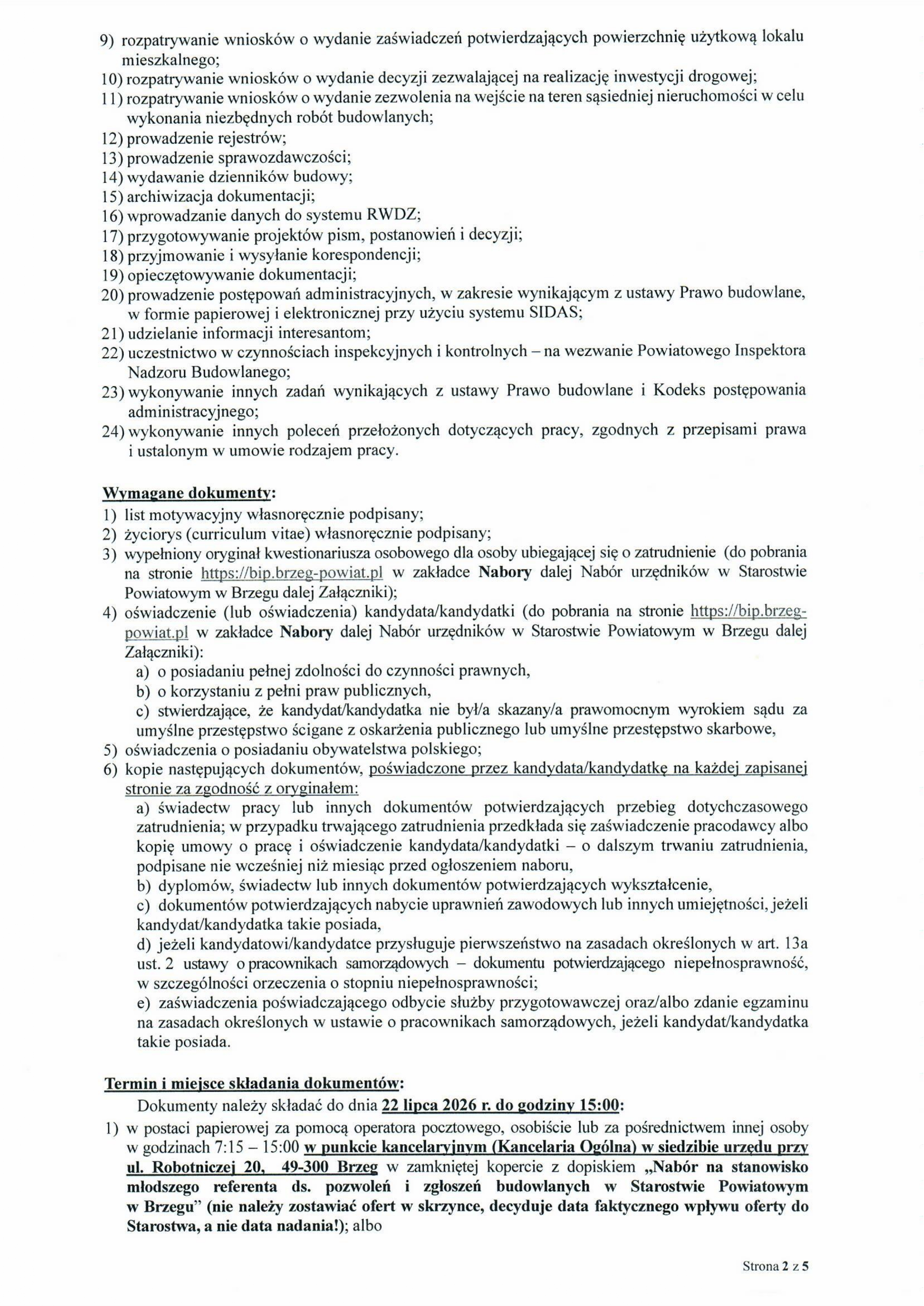 Ogłoszenie o wolnym stanowisku urzędniczym i naborze kandydatów/kandydatek na stanowisko młodszego referenta ds. pozwoleń i zgłoszeń budowlanych w Wydziale Budownictwa Starostwa Powiatowego w Brzegu