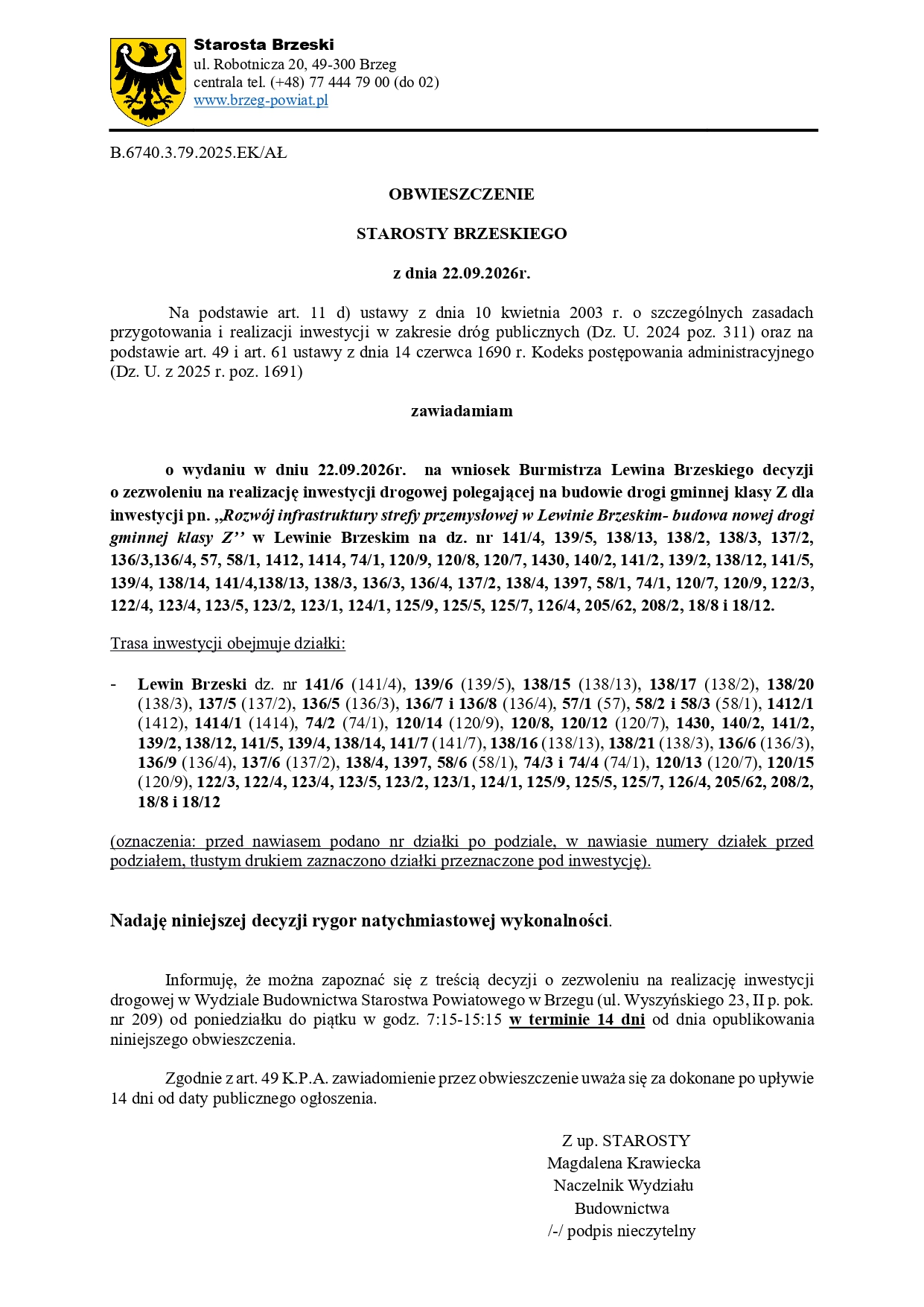 Obwieszczenie Starosty z dn. 22.09.2026r.